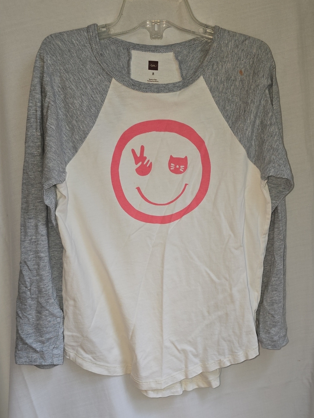 Tea Collection White & Heather Gray Raglan Long Sleeve Tee with Pink Smiley
